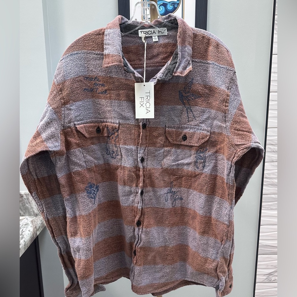 Tricia Fix Exclusive Embroidered Re-Worked Vintage Plaid Flannel Shirt SZ Small